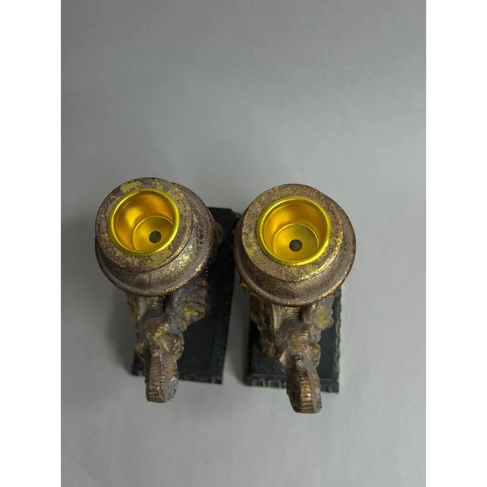 Vintage Elephant Candlestick Holders Pair Ornate Gold Black‎ Resin